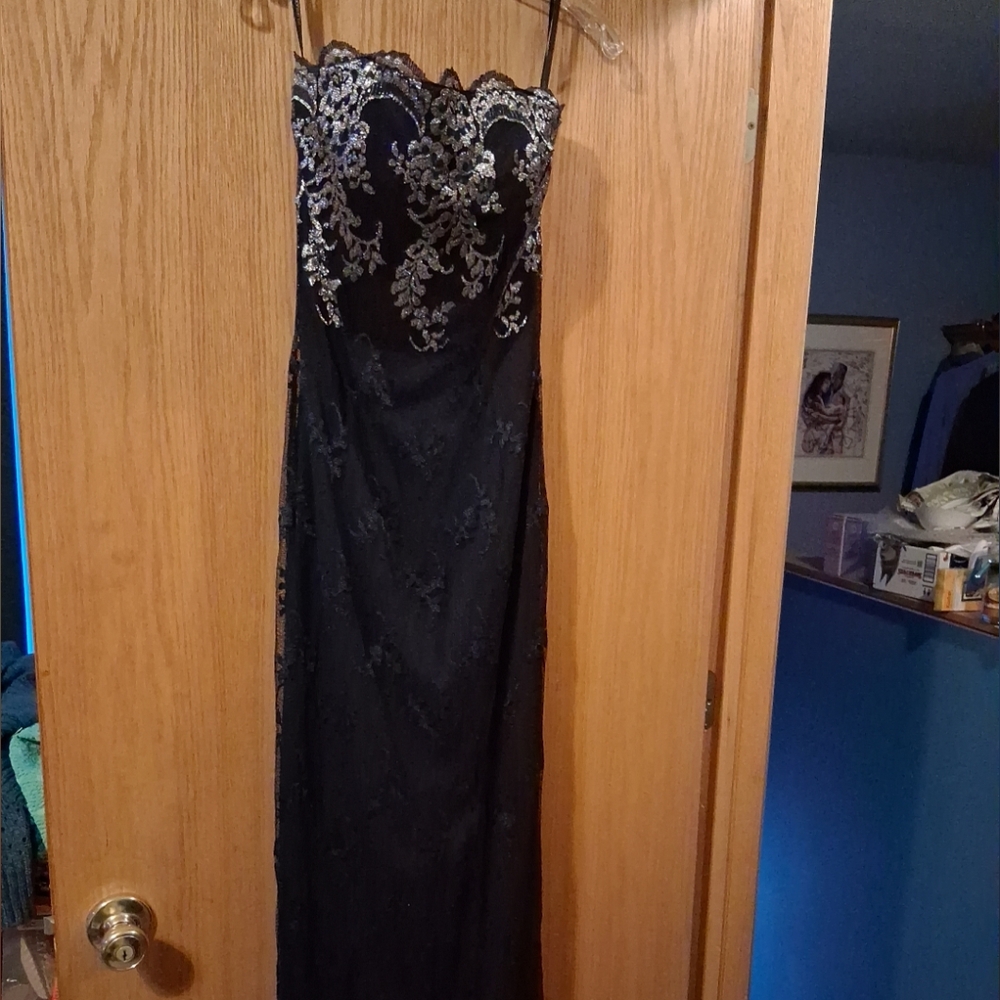 Womens Jessica Mcclintock Gunn Sax Dress Maxi Navy/silver  Lace Sz 7 56 Long